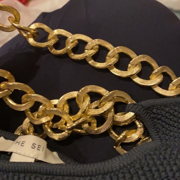 THE SEI / KNIT CHAIN embellished mini Bodycon DRESS in navy blue beetle large L - Picture 7 of 8